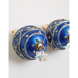 Gold Brass Blue Christmas Ball Crystal Drop Clip On Earrings