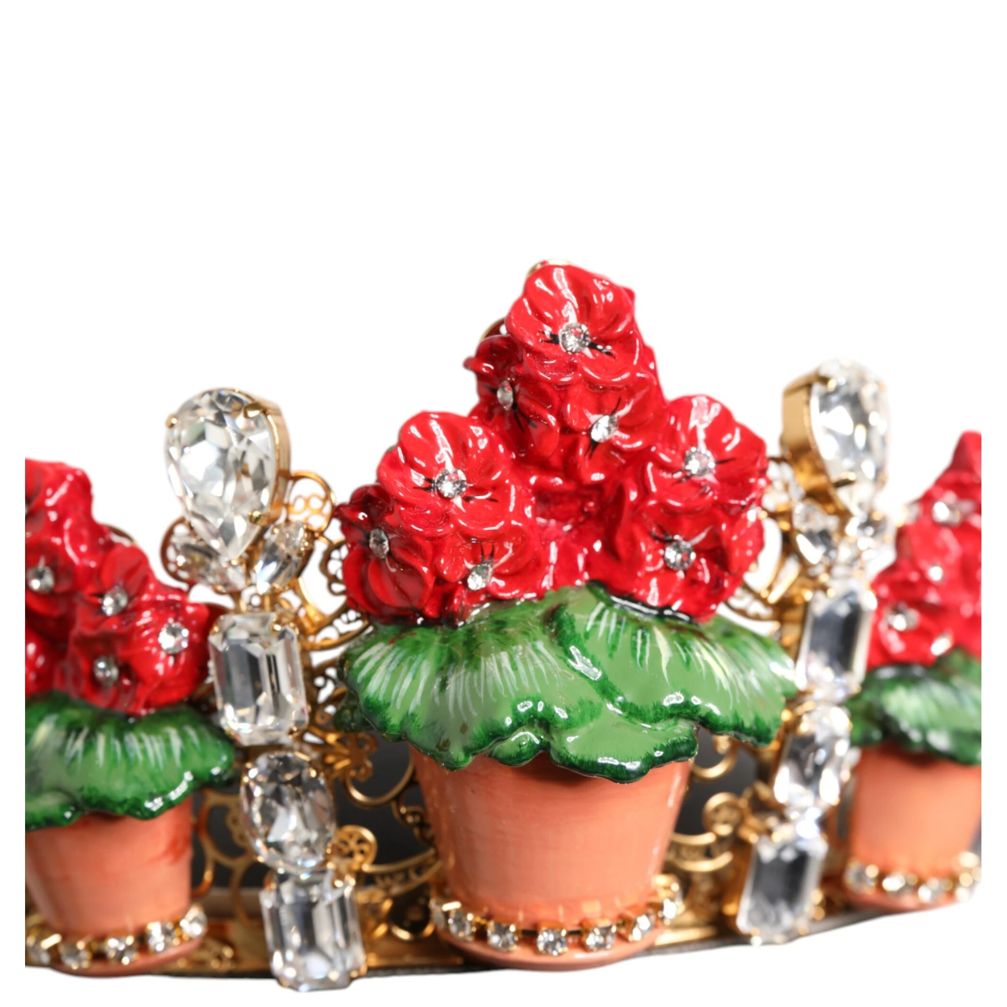 Red Floral Flowerpot Crystal Gold Crown Tiara Headband