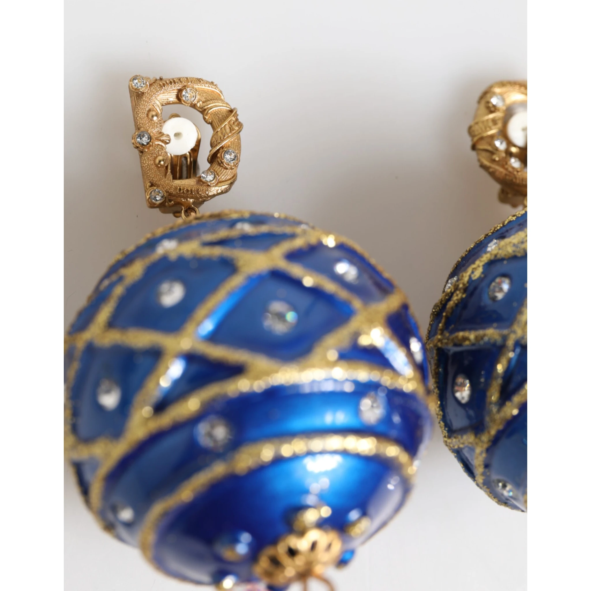 Gold Brass Blue Christmas Ball Crystal Drop Clip On Earrings