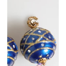 Gold Brass Blue Christmas Ball Crystal Drop Clip On Earrings