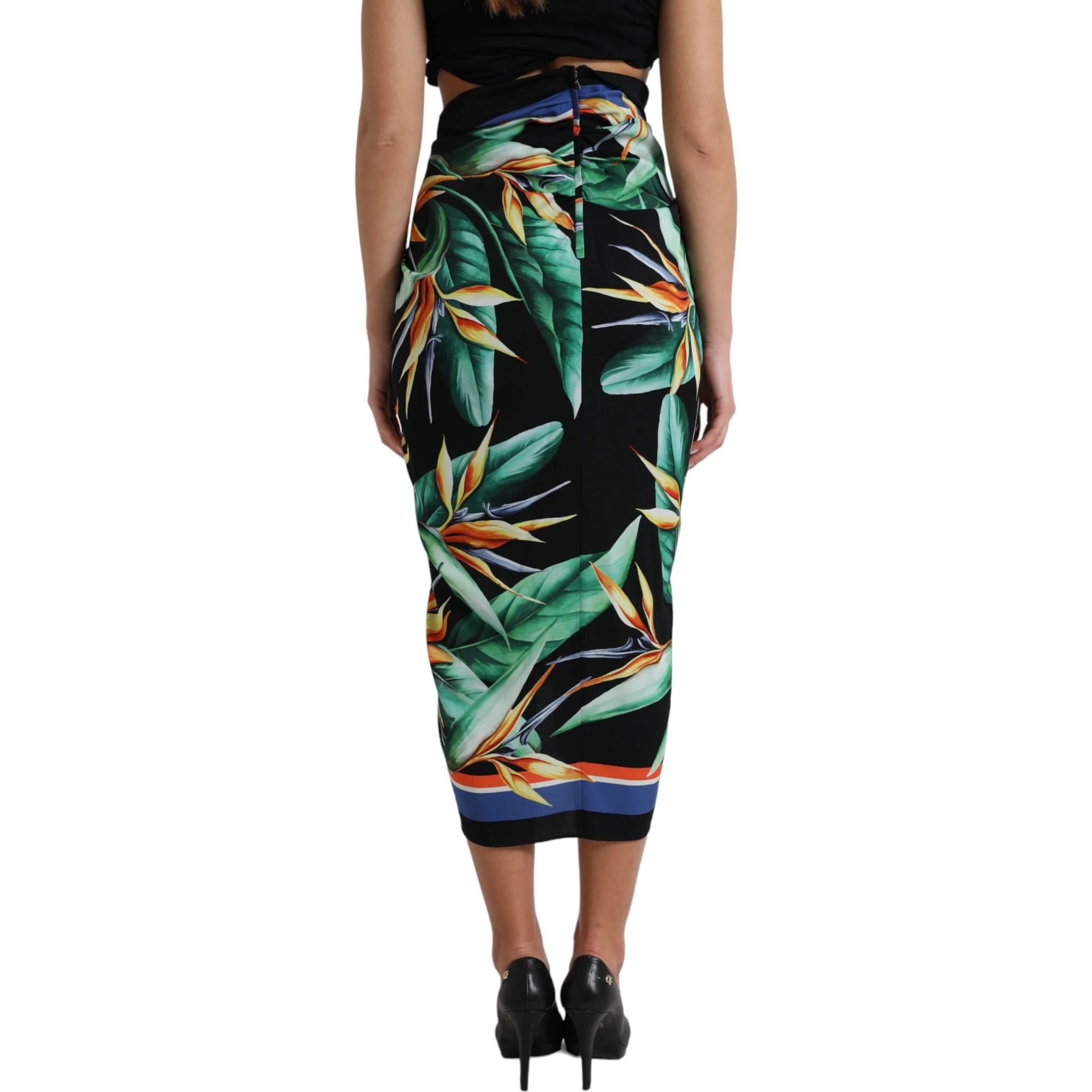 Black Strelitzia High Waist Wrap Midi Skirt