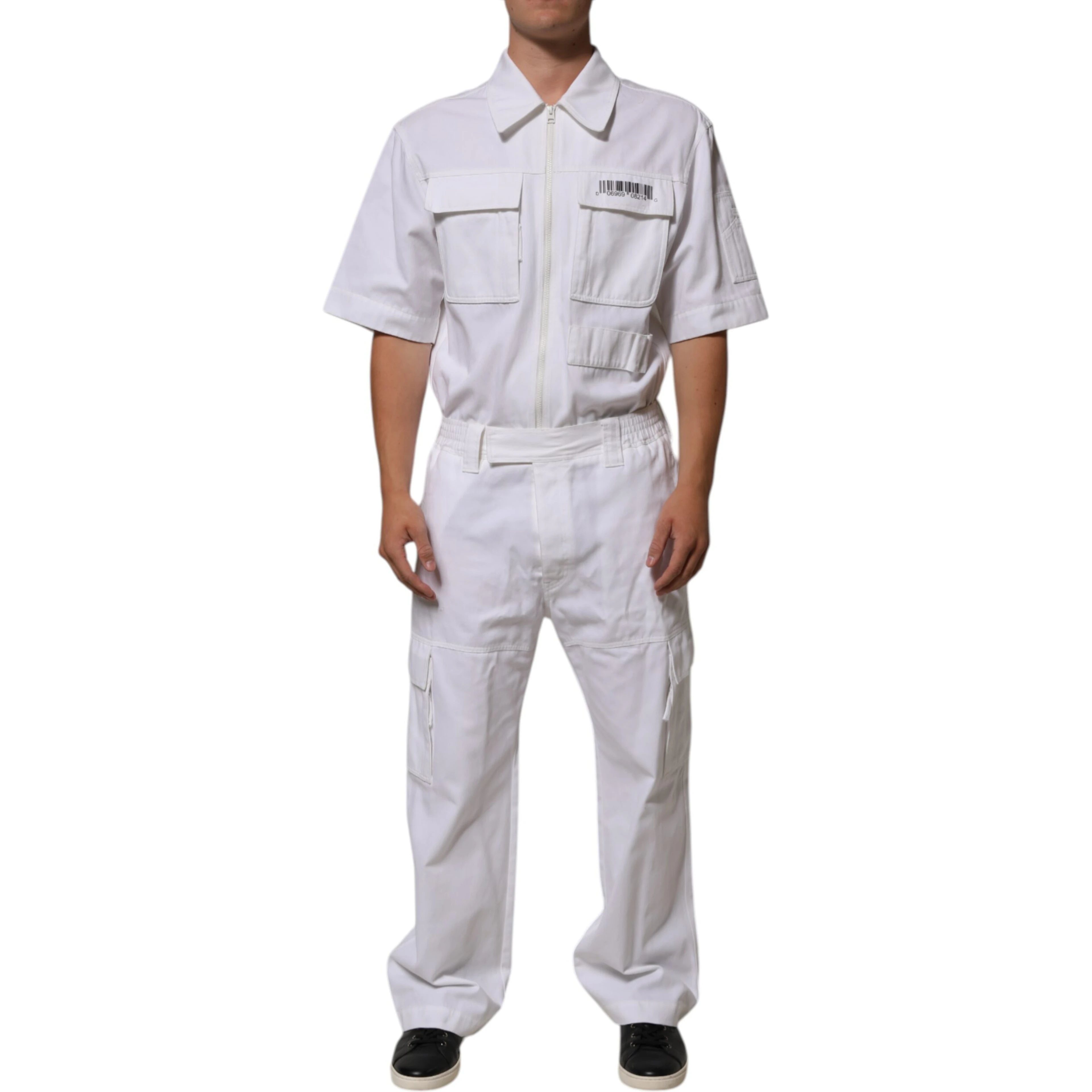 White Barcode Patch Utility Zip Jumpsuit Pants