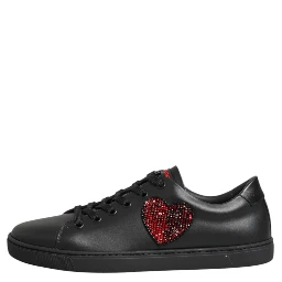 Black Leather Crystal Heart Low Top Sneakers  Shoes