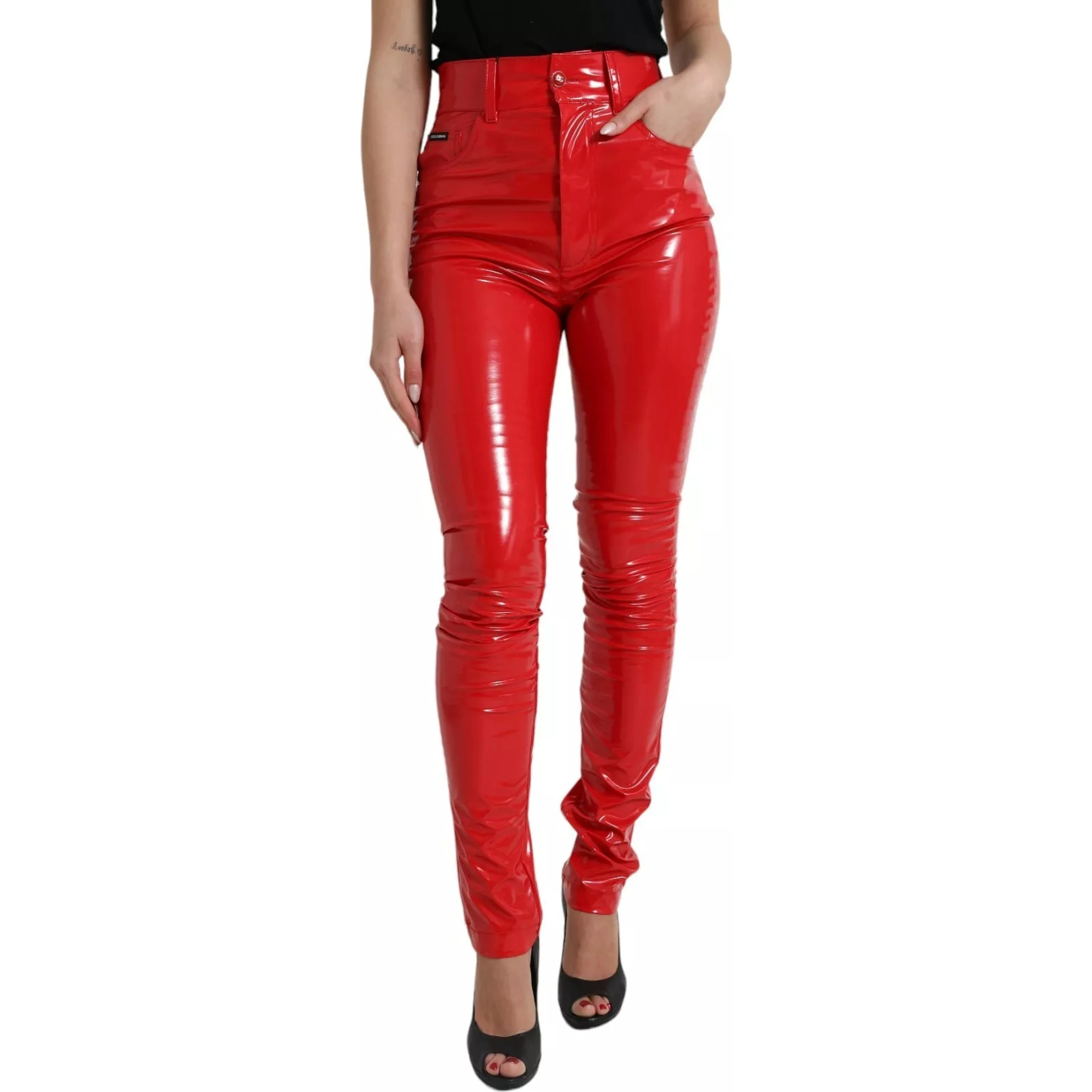 Red High Waist Skinny Trouser Shiny Pants