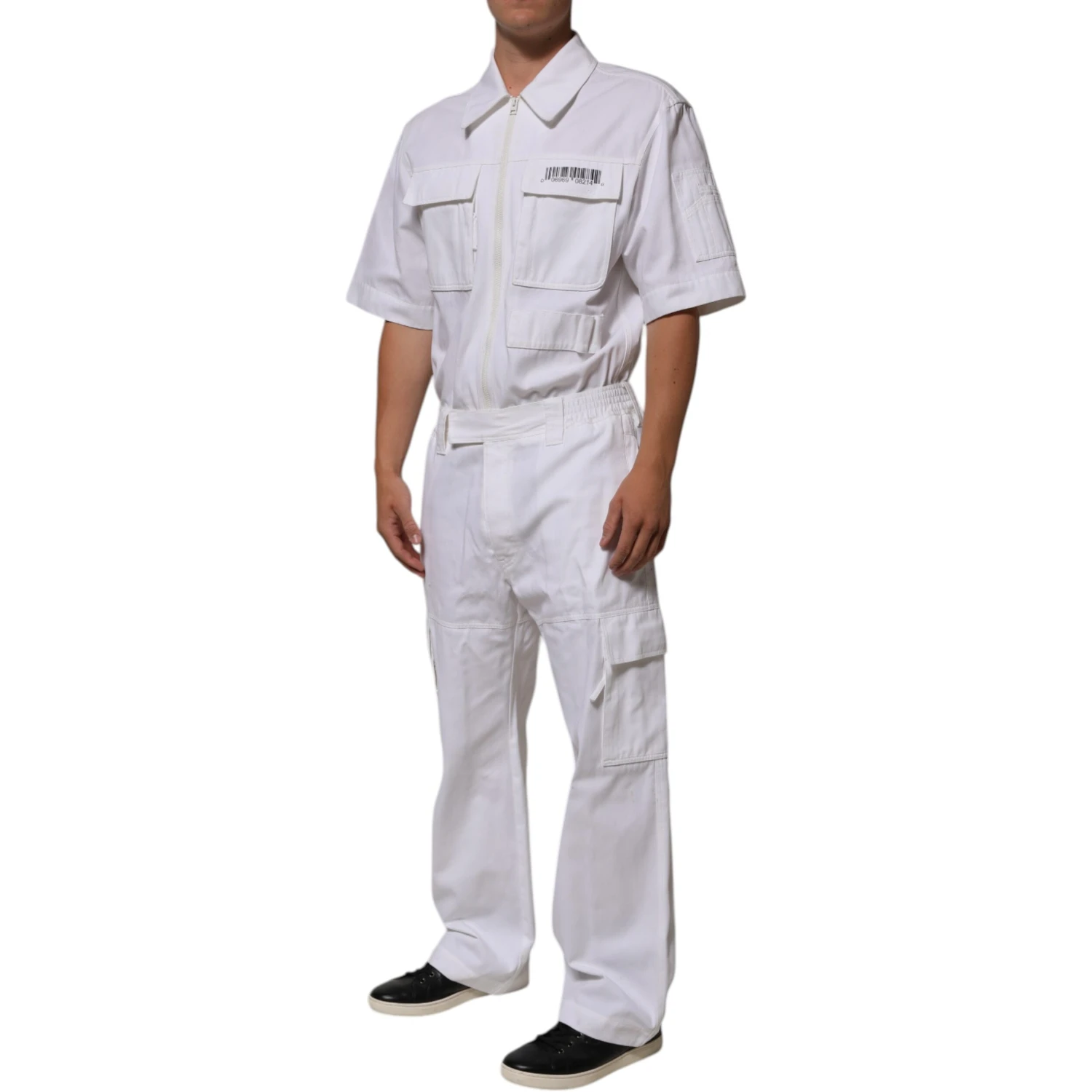 White Barcode Patch Utility Zip Jumpsuit Pants