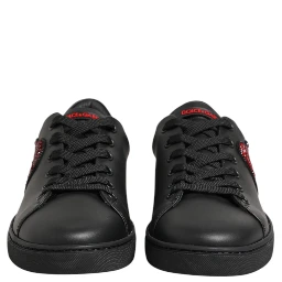 Black Leather Crystal Heart Low Top Sneakers  Shoes