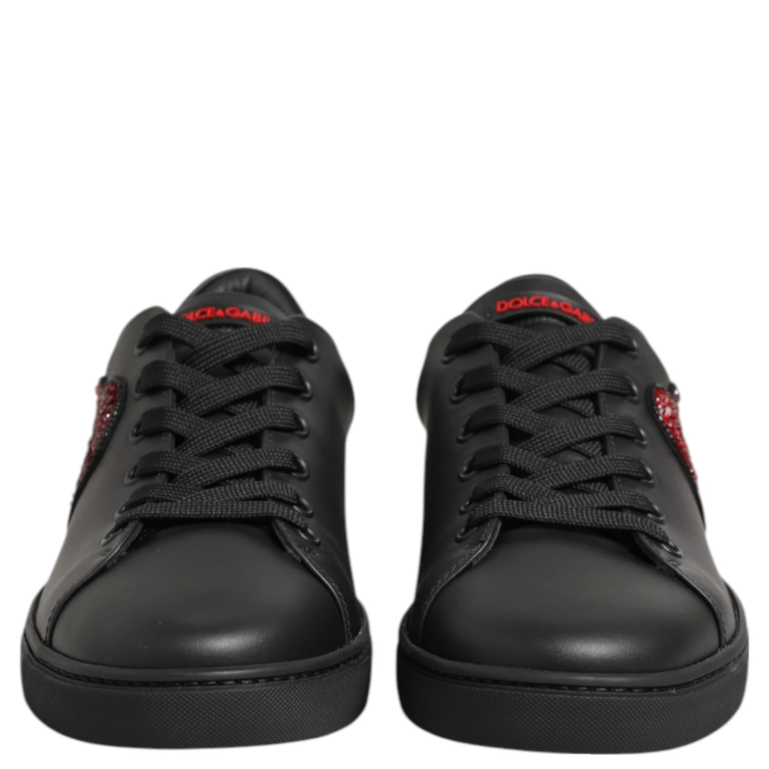 Black Leather Crystal Heart Low Top Sneakers Shoes