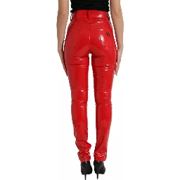 Red High Waist Skinny Trouser Shiny Pants