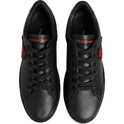 Black Leather Crystal Heart Low Top Sneakers  Shoes