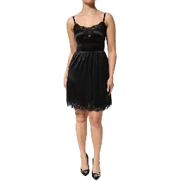 Black Silk Blend Lace Trim Sleeveless Mini Dress