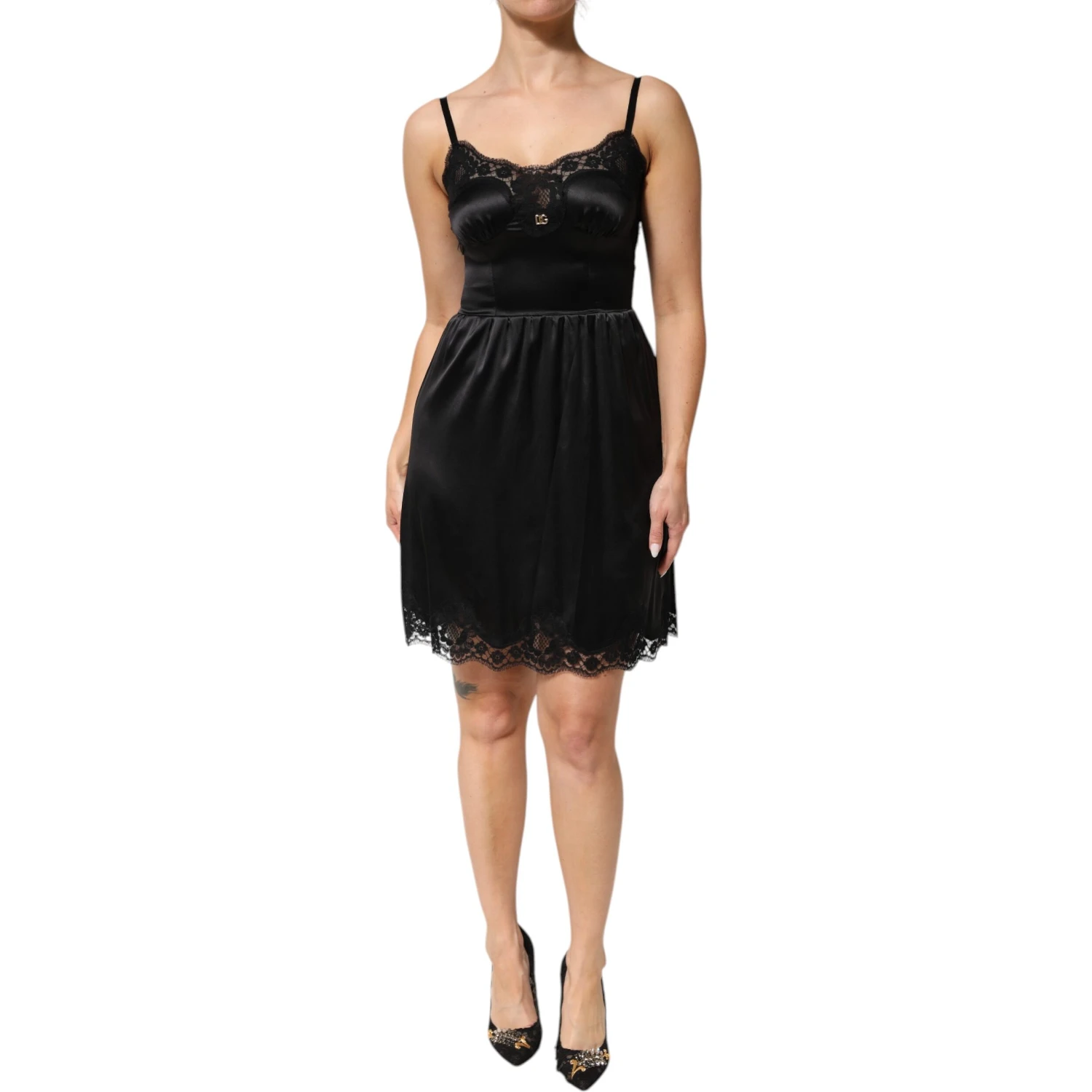 Black Silk Blend Lace Trim Sleeveless Mini Dress