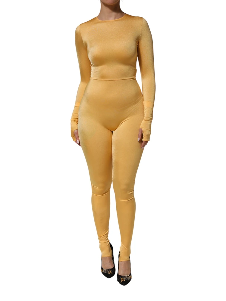 Gold Yellow Stretch Long Sleeve Bodysuit Dress