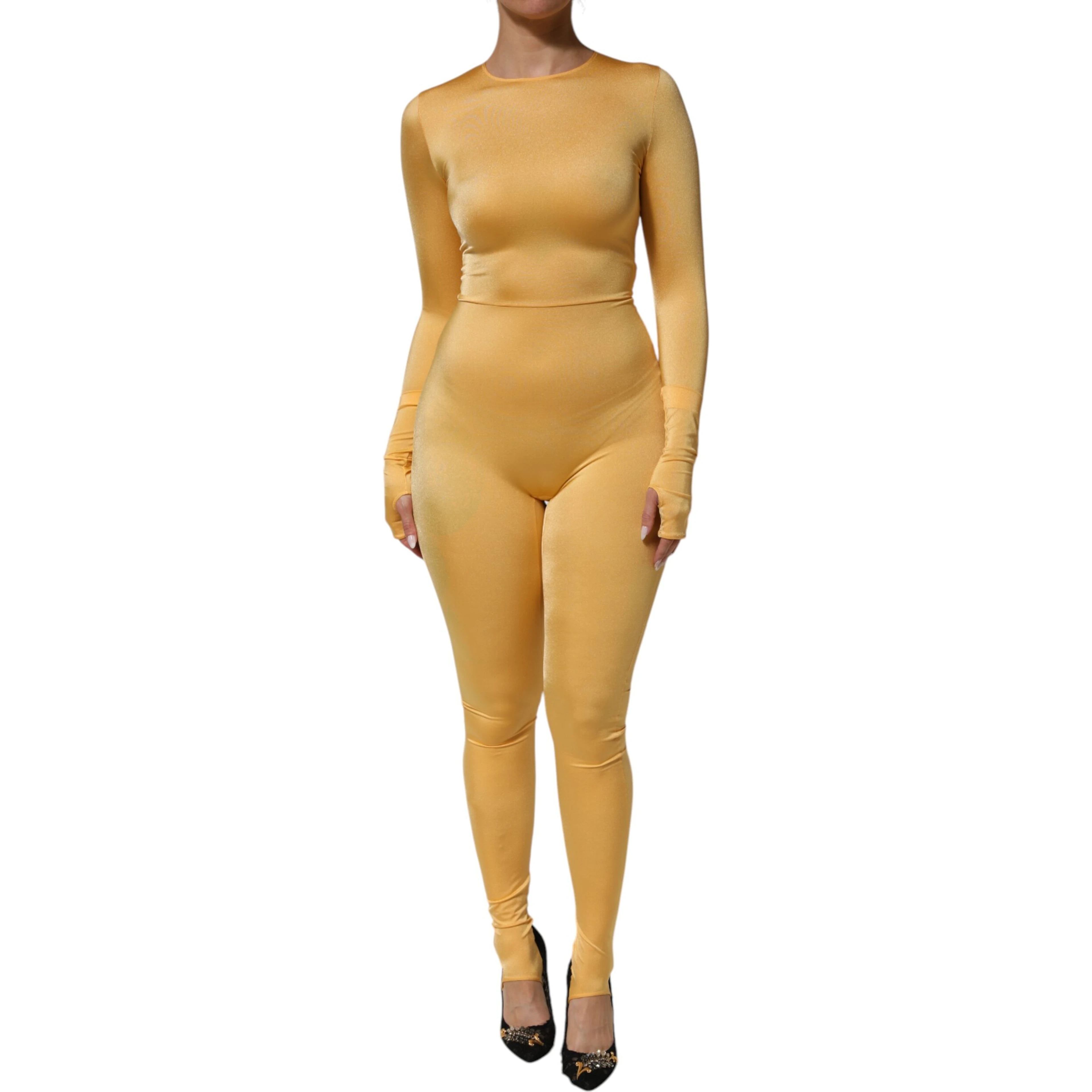 Gold Yellow Stretch Long Sleeve Bodysuit Dress