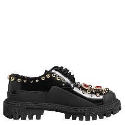 Black Leather Jeweled Crystals Derby Shoes