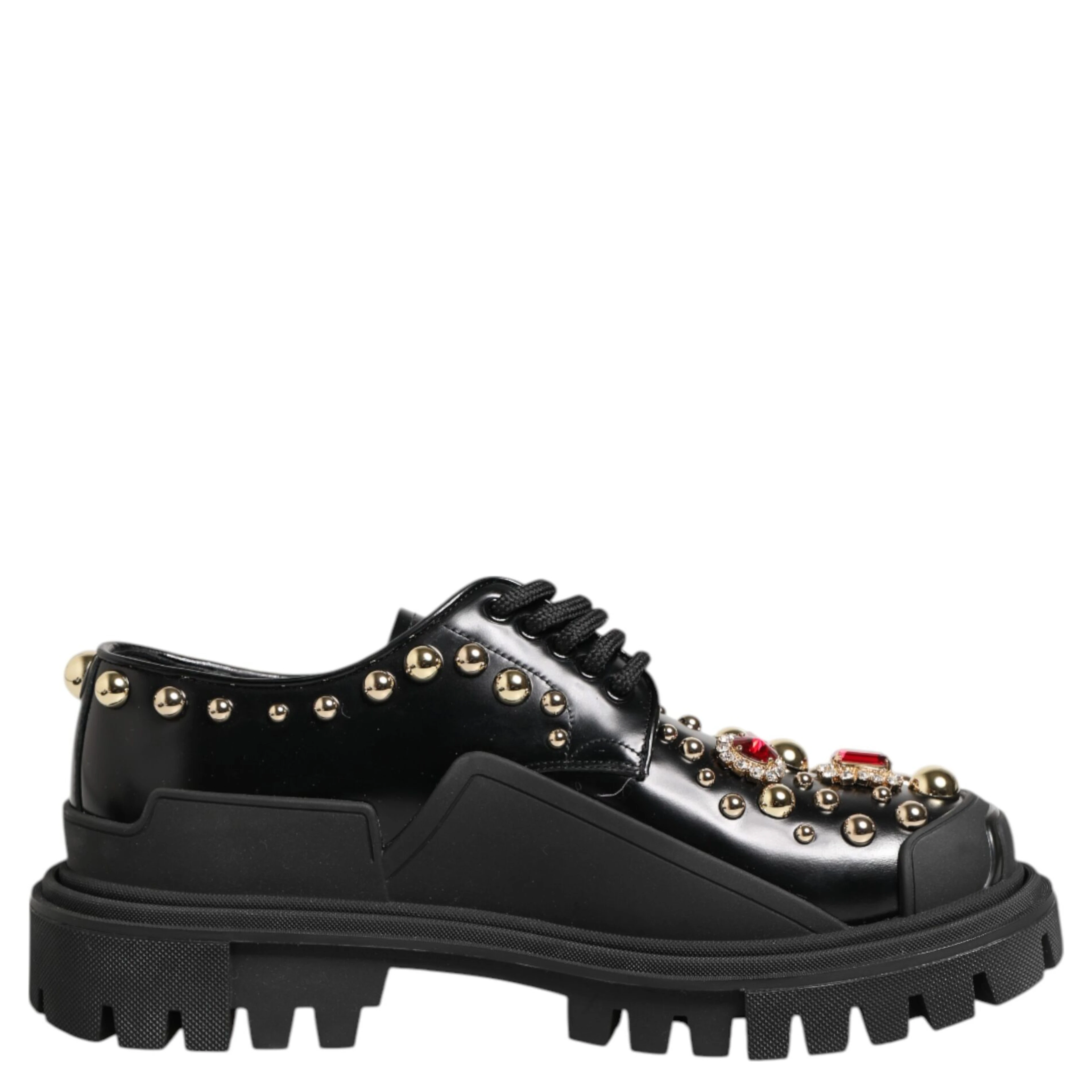 Black Leather Jeweled Crystals Derby Shoes