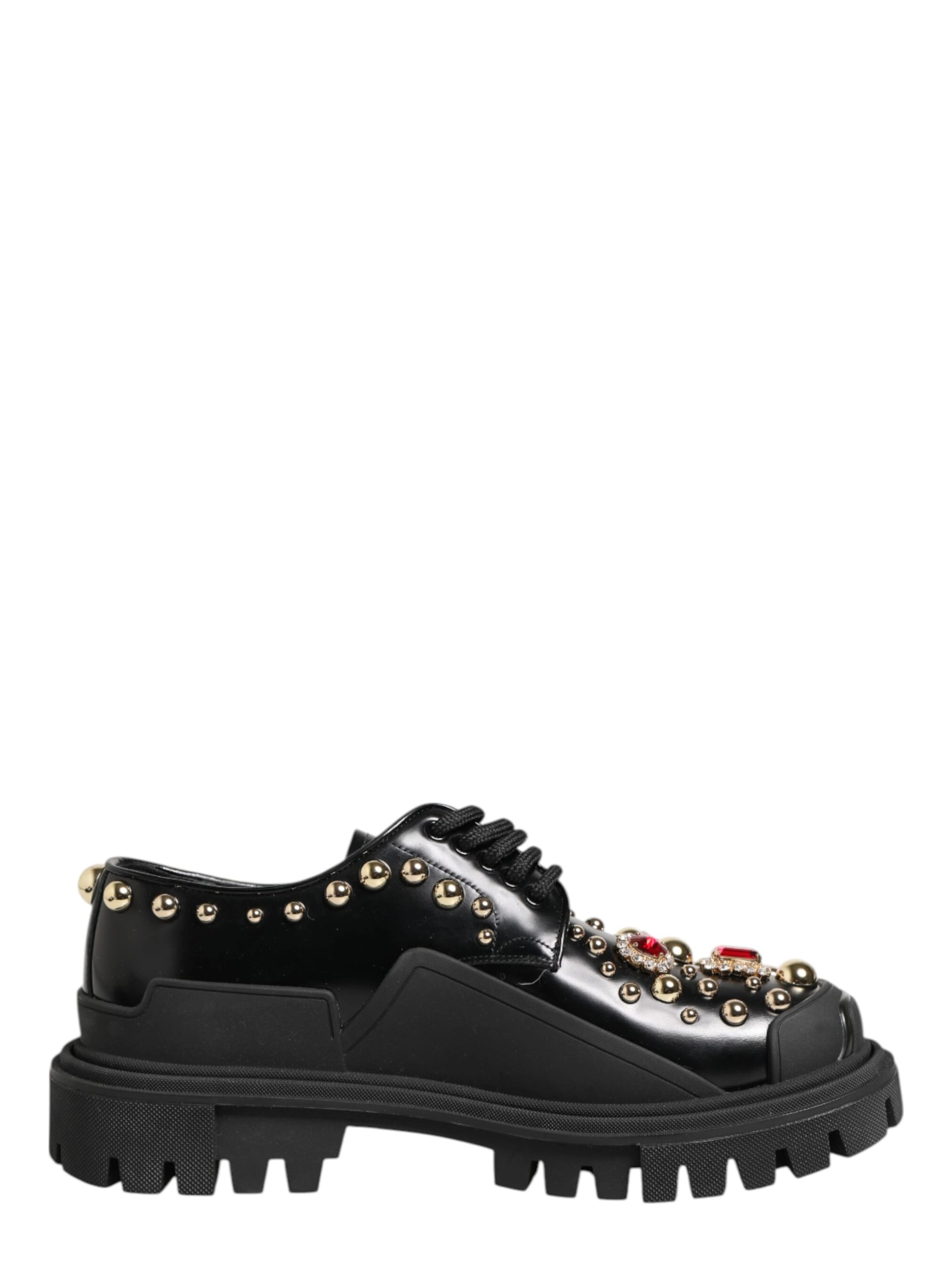 Black Leather Jeweled Crystals Derby Shoes