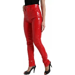 Red High Waist Skinny Trouser Shiny Pants