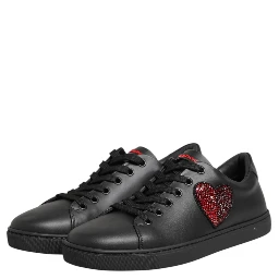 Black Leather Crystal Heart Low Top Sneakers  Shoes