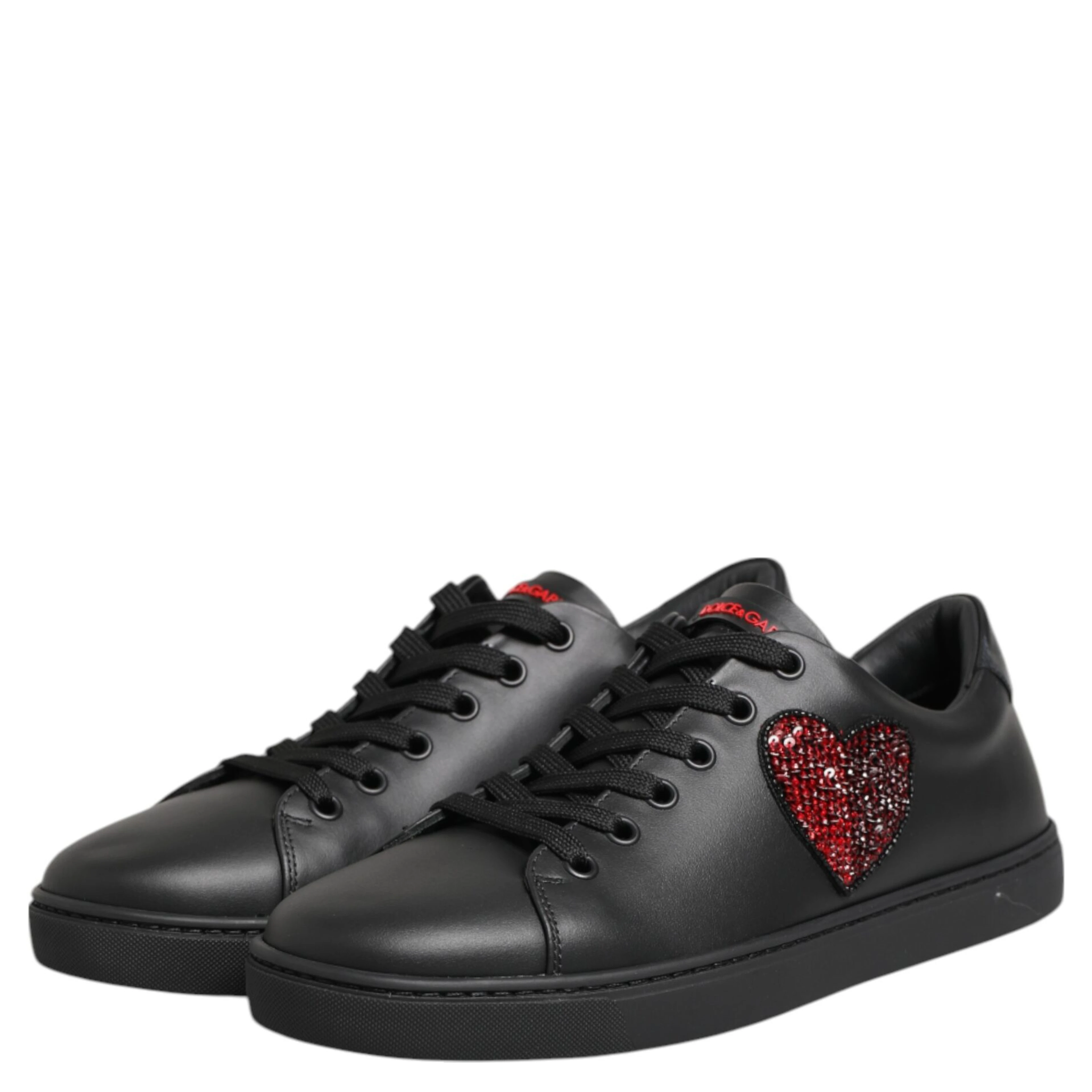 Black Leather Crystal Heart Low Top Sneakers  Shoes