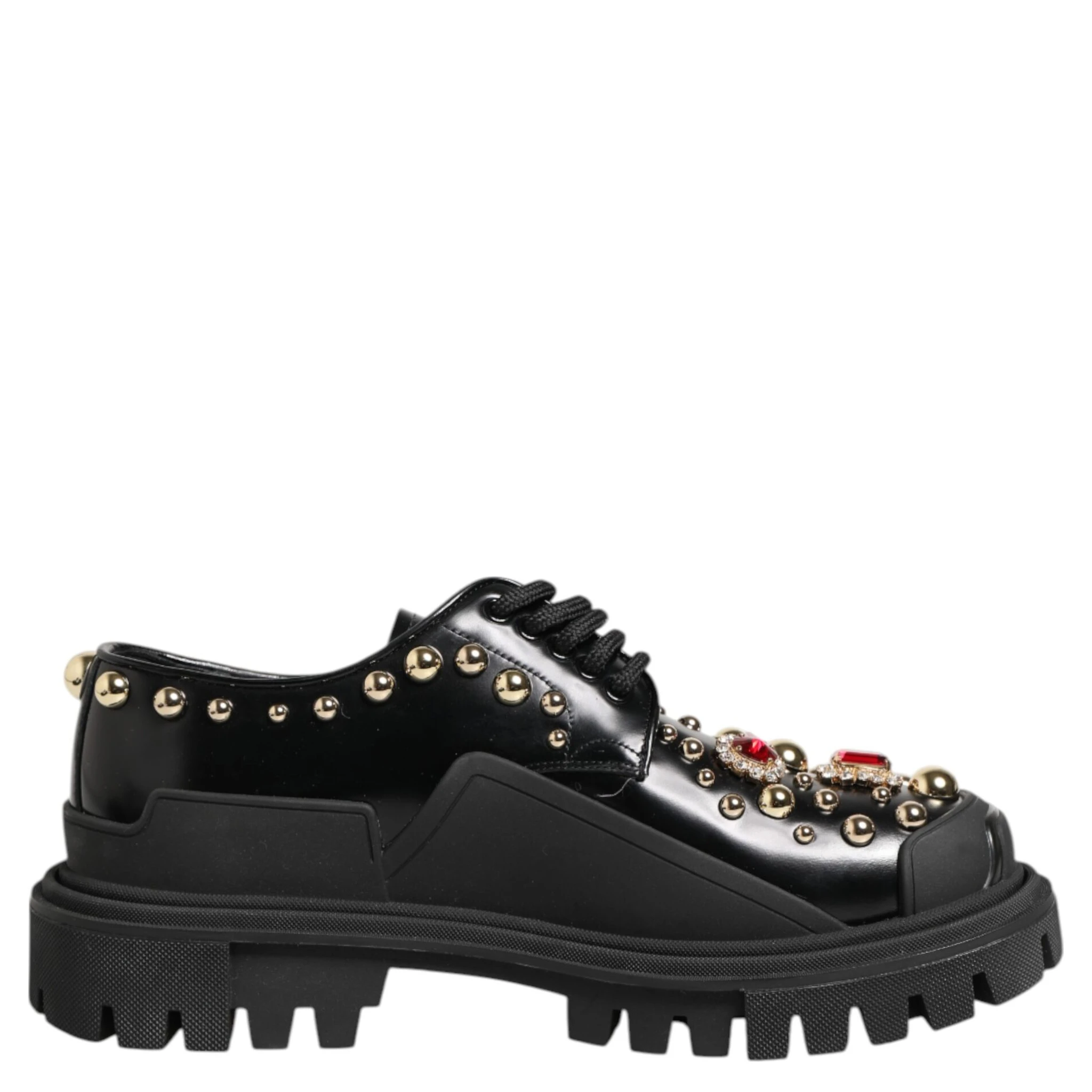 Black Leather Jeweled Crystals Derby Shoes