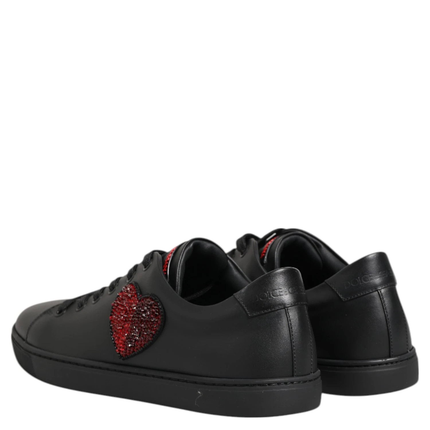 Black Leather Crystal Heart Low Top Sneakers Shoes