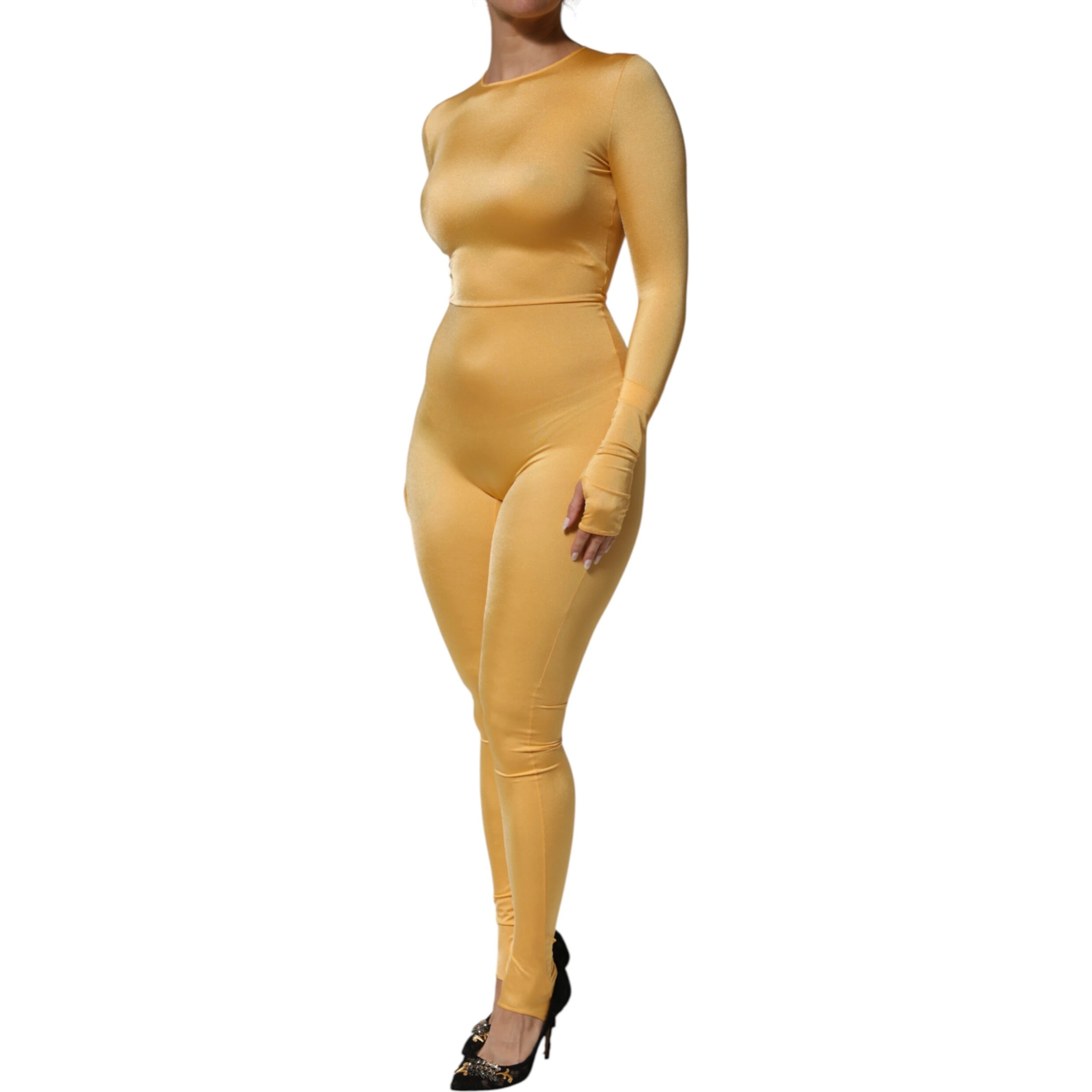 Gold Yellow Stretch Long Sleeve Bodysuit Dress