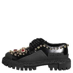 Black Leather Jeweled Crystals Derby Shoes