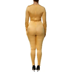 Gold Yellow Stretch Long Sleeve Bodysuit Dress