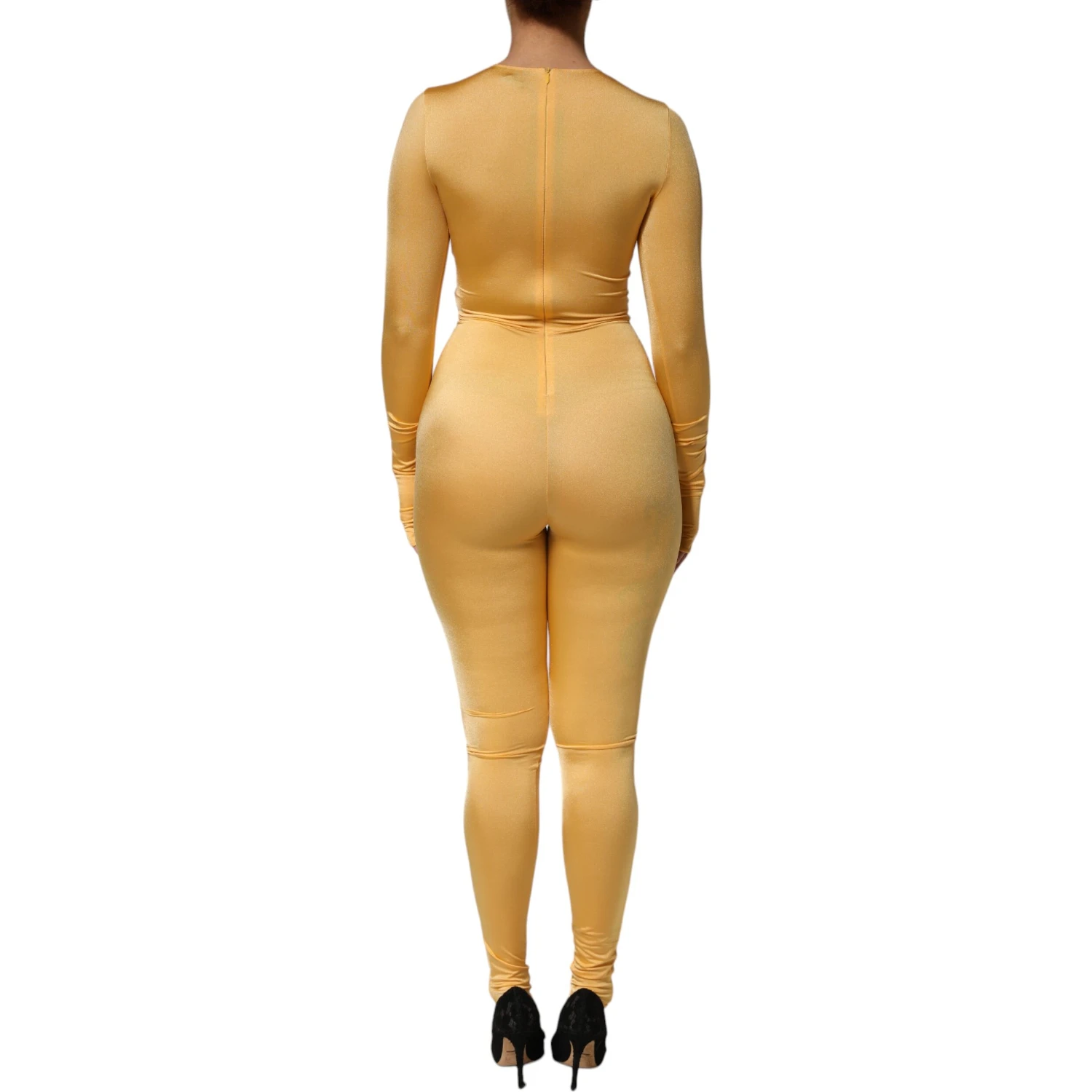 Gold Yellow Stretch Long Sleeve Bodysuit Dress