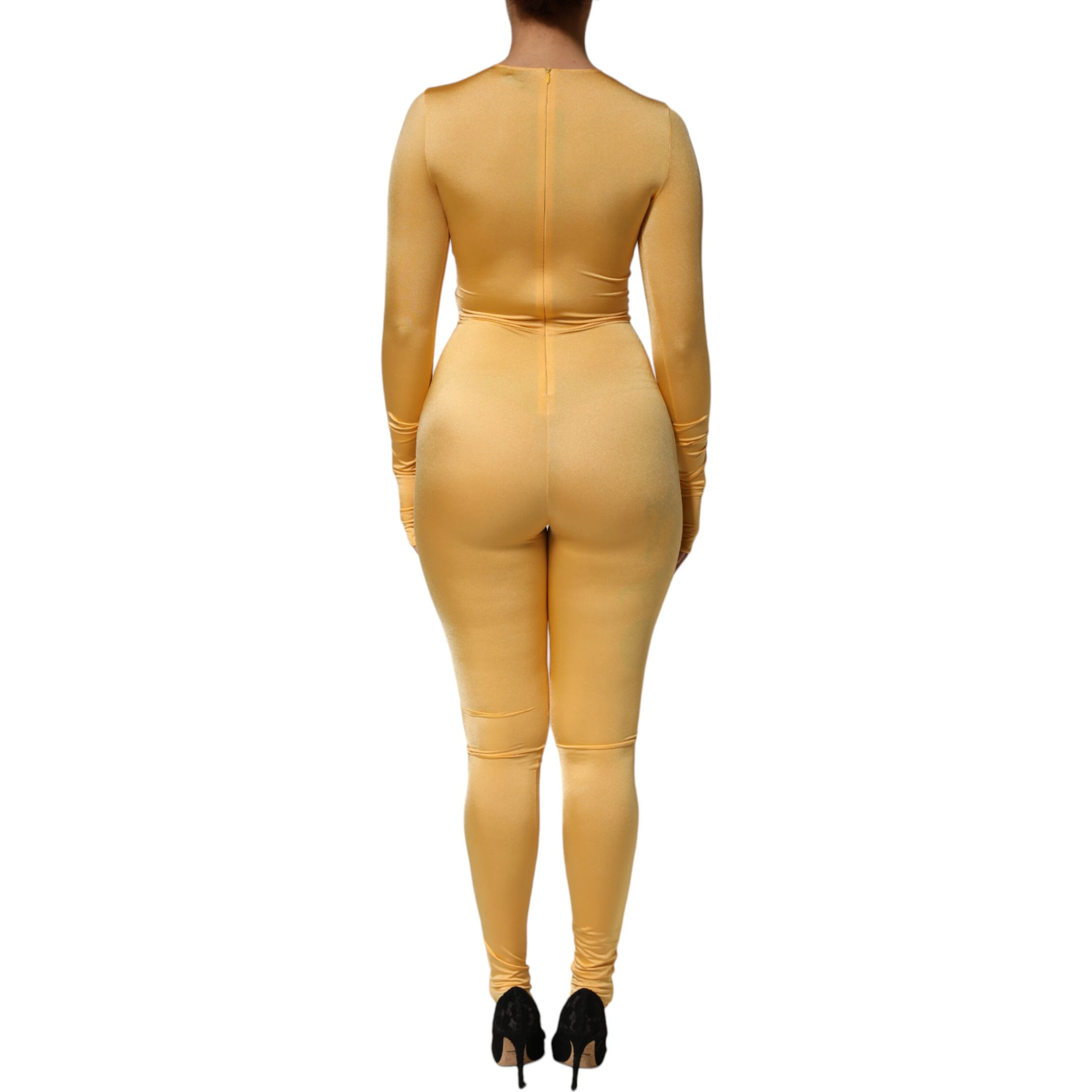 Gold Yellow Stretch Long Sleeve Bodysuit Dress