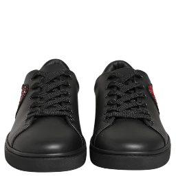 Black Leather Crystal Heart Sneakers  Shoes