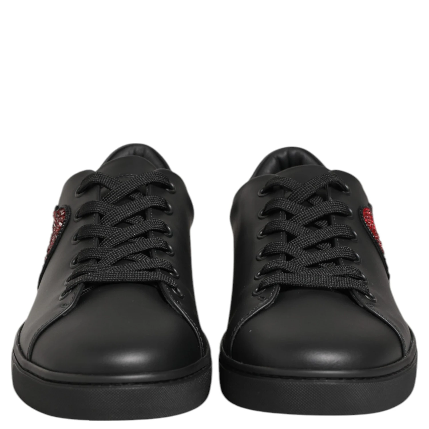 Black Leather Crystal Heart Sneakers Shoes