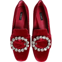 Red Velvet Crystal Buckle Loafers Flats Shoes