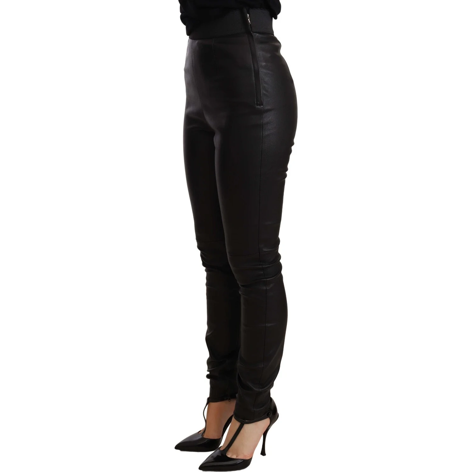 Black Leather Elastic Waist Trouser Pants