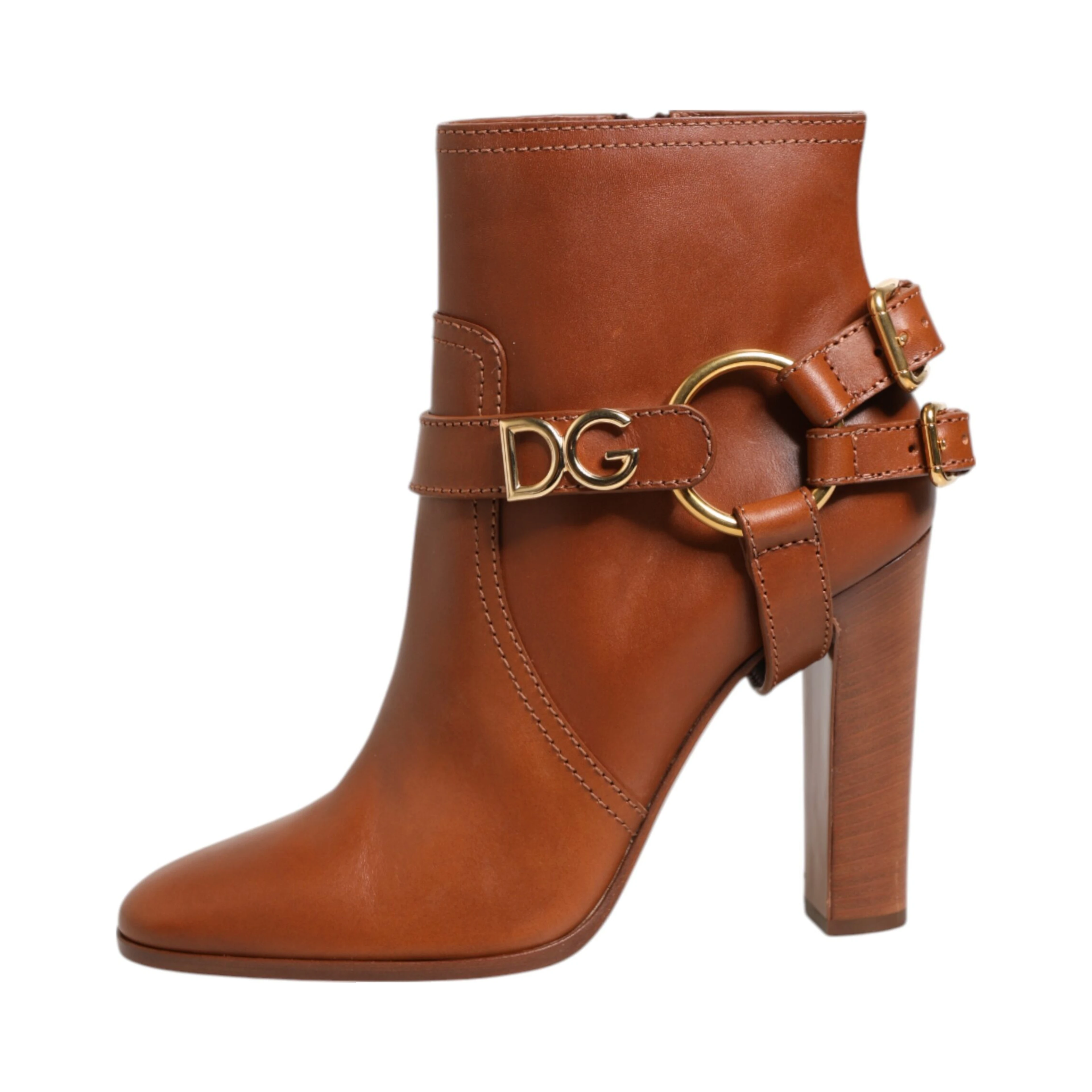 Brown Leather DG Logo Buckle Ankle Boots Shoes