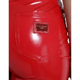 Red High Waist Skinny Trouser Shiny Pants