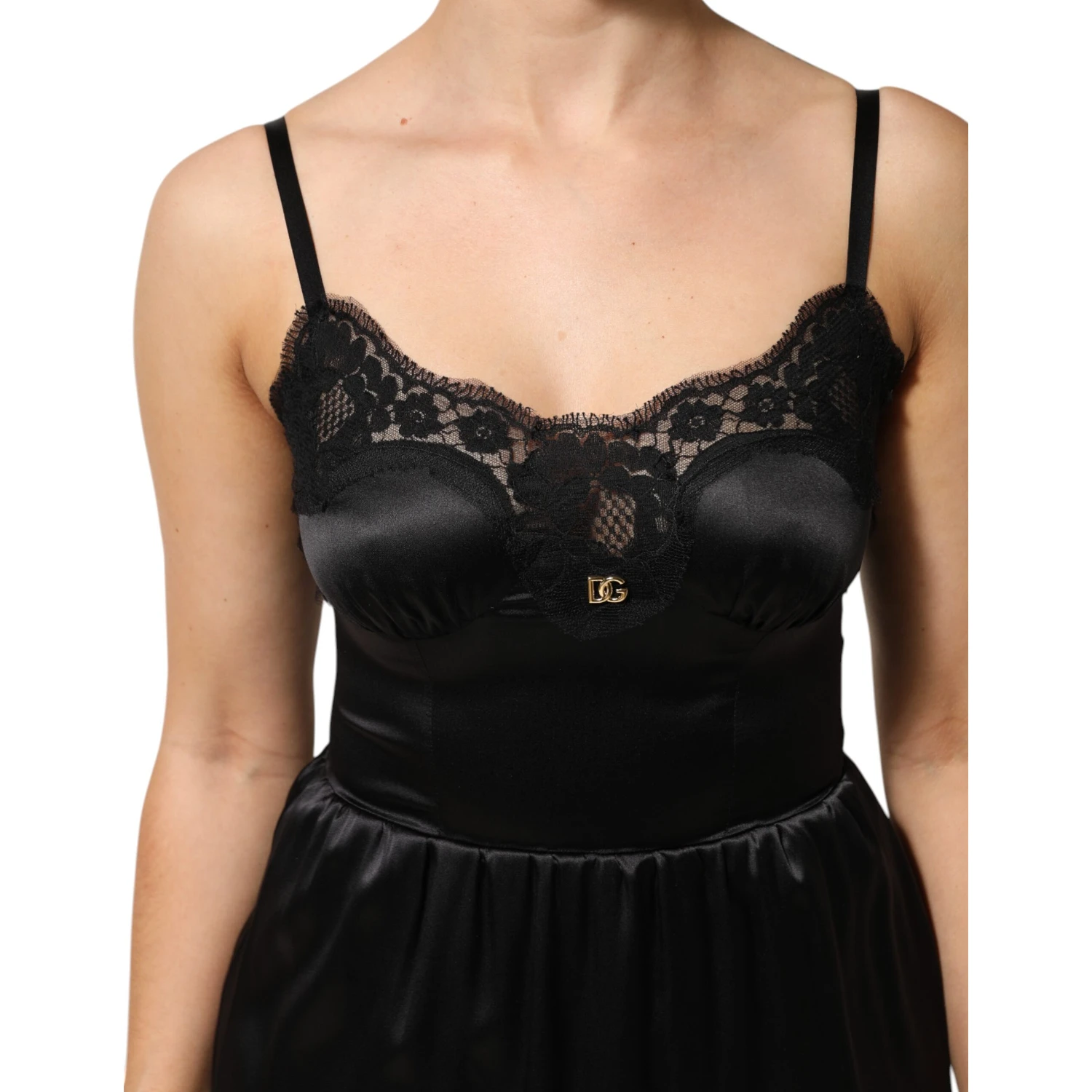 Black Silk Blend Lace Trim Sleeveless Mini Dress