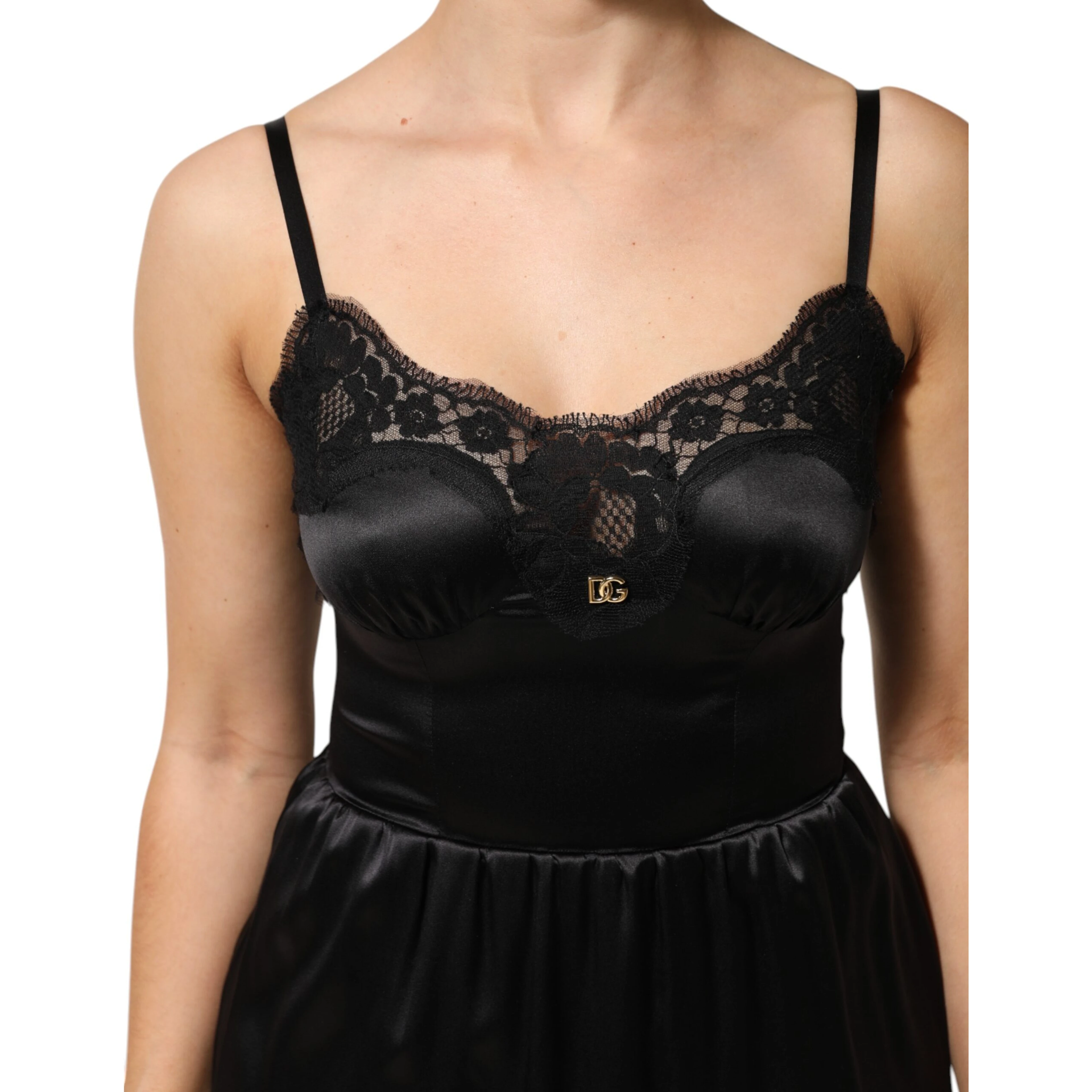 Black Silk Blend Lace Trim Sleeveless Mini Dress