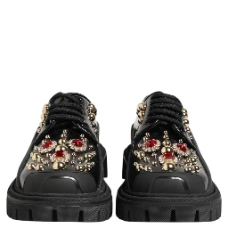 Black Leather Jeweled Crystals Derby Shoes