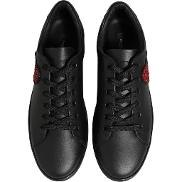Black Leather Crystal Heart Sneakers  Shoes