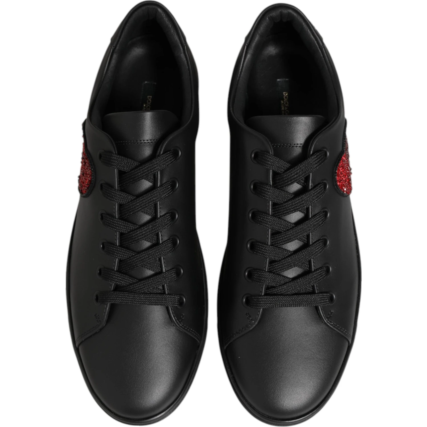 Black Leather Crystal Heart Sneakers Shoes