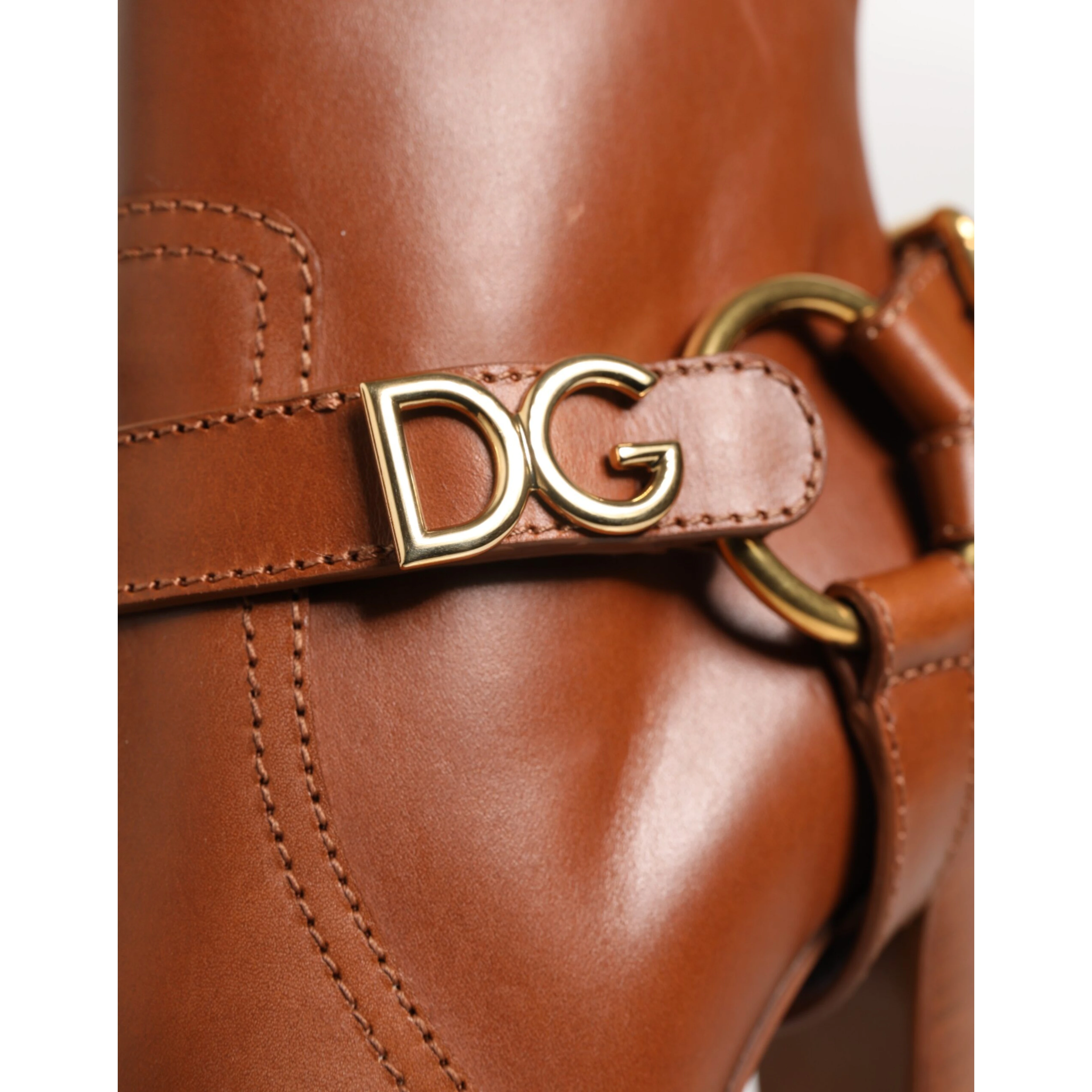 Brown Leather DG Logo Buckle Ankle Boots Shoes