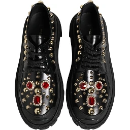 Black Leather Jeweled Crystals Derby Shoes