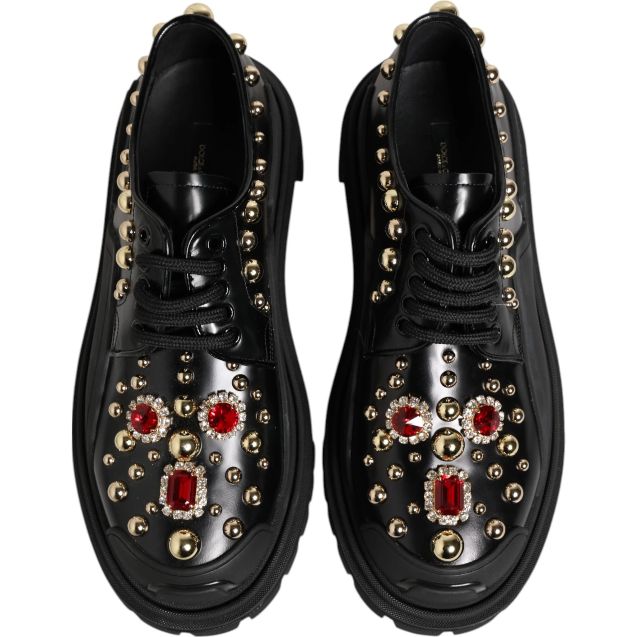 Black Leather Jeweled Crystals Derby Shoes