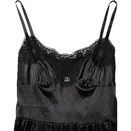 Black Silk Blend Lace Trim Sleeveless Mini Dress
