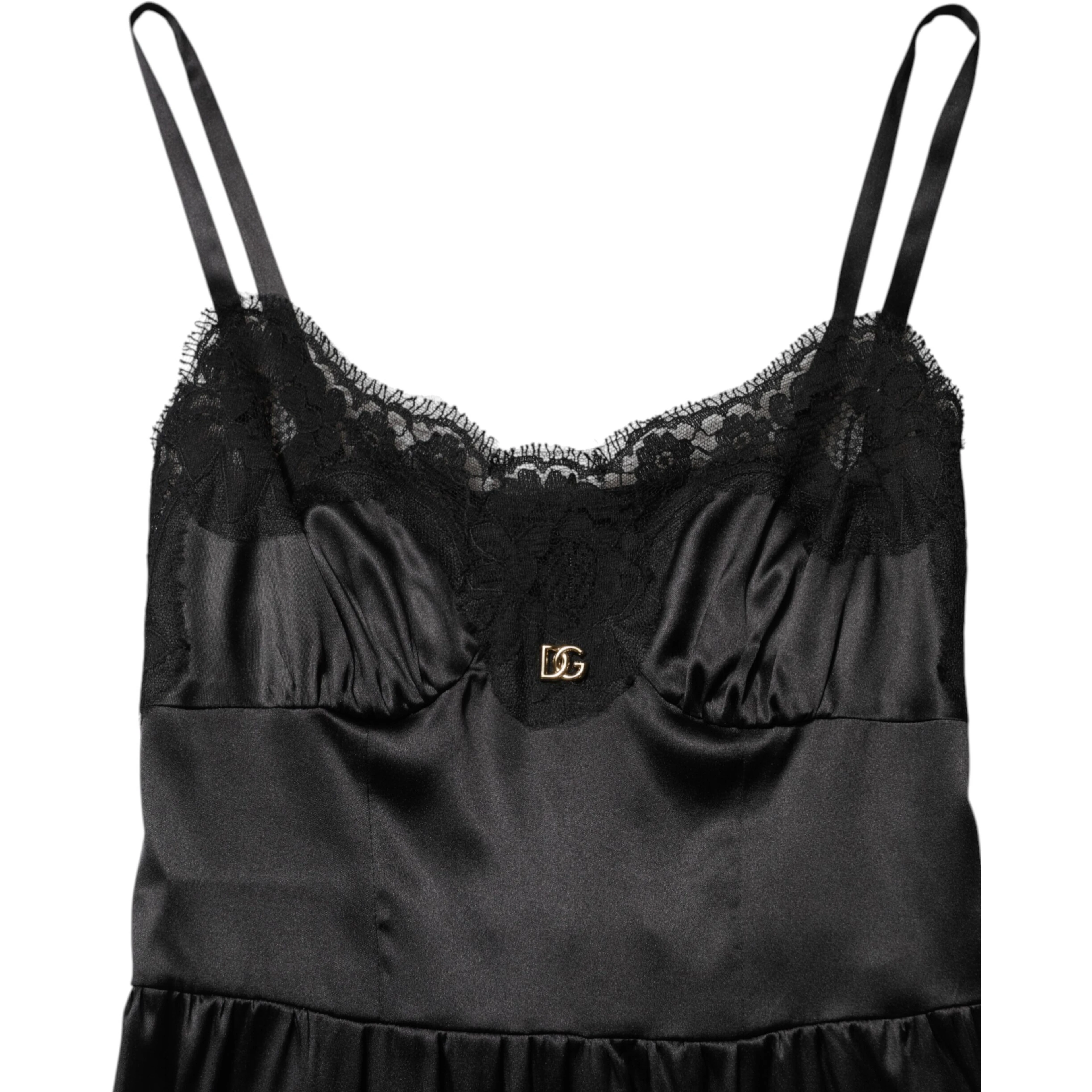 Black Silk Blend Lace Trim Sleeveless Mini Dress