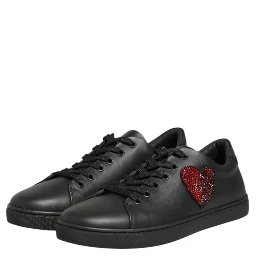 Black Leather Crystal Heart Sneakers  Shoes