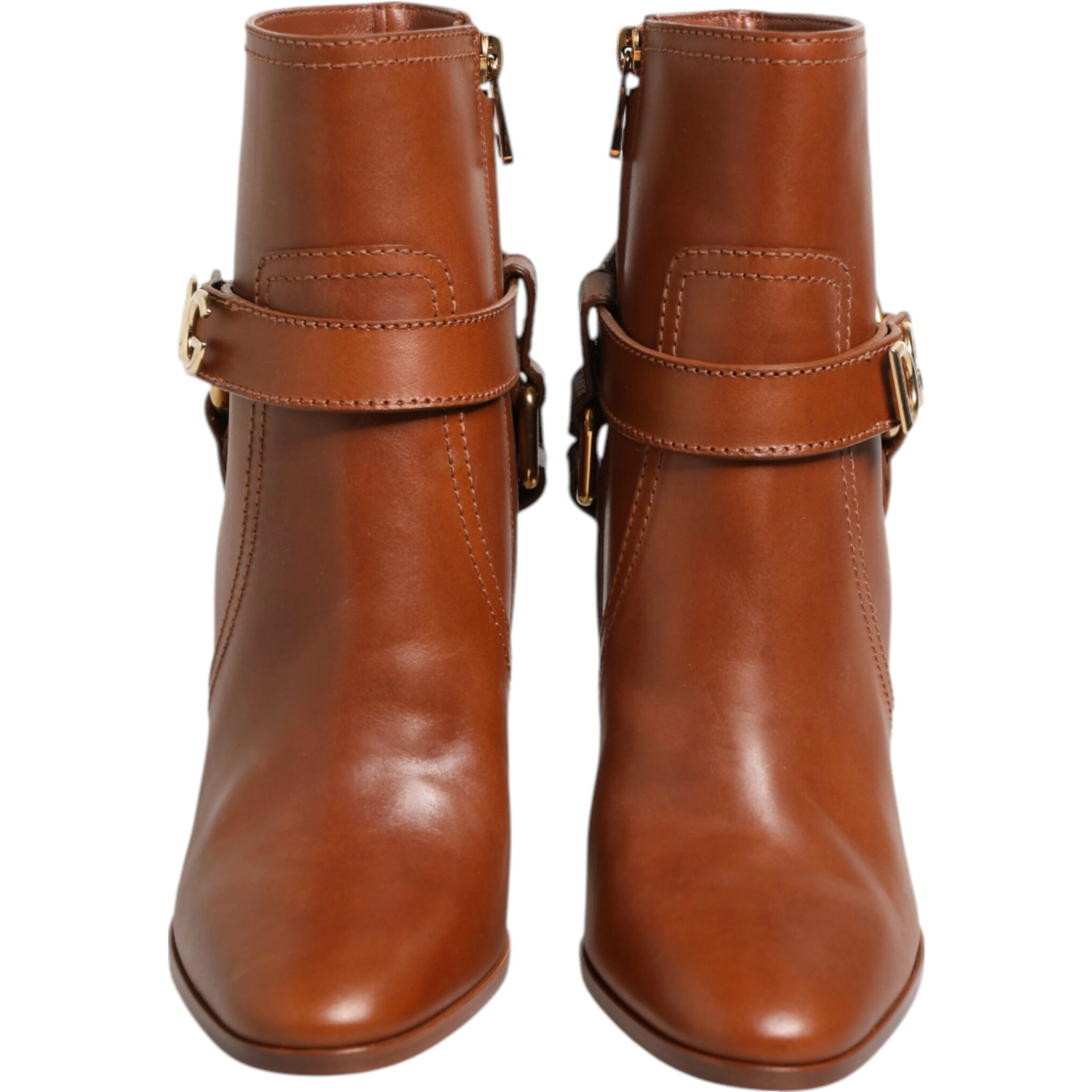 Brown Leather DG Logo Buckle Ankle Boots Shoes