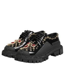 Black Leather Jeweled Crystals Derby Shoes