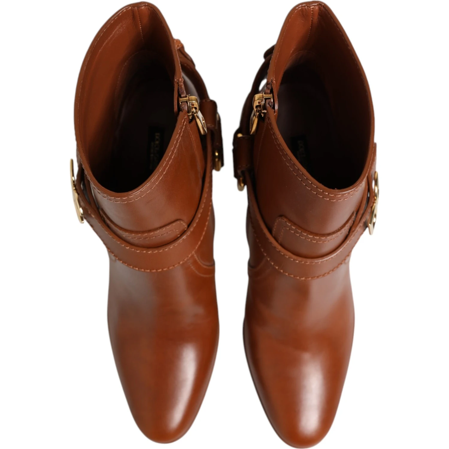 Brown Leather DG Logo Buckle Ankle Boots Shoes